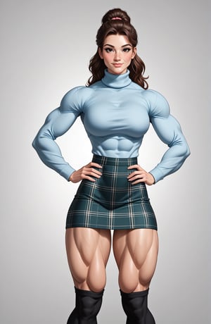 beautiful toned woman, perfect hourglass muscle body, longsleeve turtleneck sweater, plaid skirt, thigh high socks, busty, big hentai breasts, nice ass, missveins, vascular, thick dark veins, toned muscular arms, thick muscular legs with big quadriceps, female muscle, dreamymuscle, low body fat percentage, beautiful face, long smart black hair, freckles, rosy blushed cheeks, feminine pelvis, female anatomy, female bone structure, perfect eyes, soft pristine skin, cheek dimples, standing stoically, hands on hips, superior, elegance, erotic scene