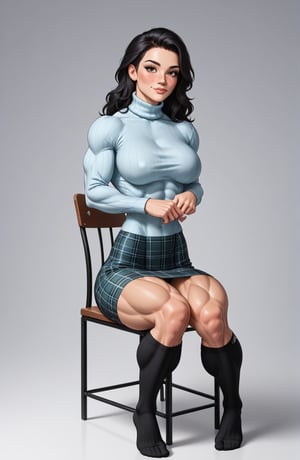 beautiful toned girl, perfect hourglass muscle body, longsleeve turtleneck sweater, plaid skirt, thigh high socks, busty, big hentai breasts, nice ass, missveins, vascular, thick dark veins, muscular arms, muscular legs, defined quadriceps, female muscle, dreamymuscle, low body fat percentage, beautiful face, smart black hair, freckles, rosy blushed cheeks, feminine pelvis, female anatomy, female bone structure, perfect eyes, soft pristine skin, cheek dimples, sitting on a chair, superior, elegance, erotic scene