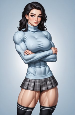 beautiful toned girl, perfect hourglass muscle body, longsleeve turtleneck sweater, plaid skirt, thigh high socks, busty, big hentai breasts, nice ass, missveins, vascular, thick dark veins, muscular arms, muscular legs, defined quadriceps, female muscle, dreamymuscle, low body fat percentage, beautiful face, smart black hair, freckles, rosy blushed cheeks, feminine pelvis, female anatomy, female bone structure, perfect eyes, soft pristine skin, cheek dimples, superior, elegance, erotic scene