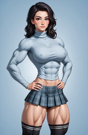 beautiful toned girl, perfect hourglass muscle body, longsleeve turtleneck sweater, plaid skirt, thigh high socks, busty, big hentai breasts, nice ass, missveins, vascular, thick dark veins, muscular arms, muscular legs, defined quadriceps, female muscle, dreamymuscle, low body fat percentage, beautiful face, smart black hair, freckles, rosy blushed cheeks, feminine pelvis, female anatomy, female bone structure, perfect eyes, soft pristine skin, cheek dimples, standing stoically, hands on hips, superior, elegance, erotic scene