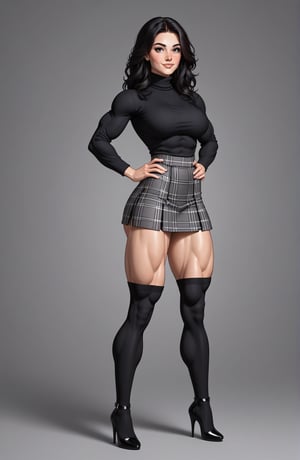 beautiful toned woman, perfect hourglass muscle body, longsleeve turtleneck sweater, plaid skirt, thigh high socks, stiletto high heels, busty, big hentai breasts, nice ass, female muscle, dreamymuscle, beautiful face, long black hair, missveins, vascular, thick dark veins, toned muscular arms, thick muscular legs with big quadriceps, low body fat percentage, freckles, rosy blushed cheeks, feminine pelvis, female anatomy, female bone structure, perfect eyes, cheek dimples, stoic feminine posture, hands on hips, superior, elegance, erotic scene,