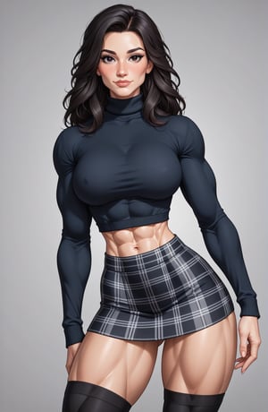 beautiful toned girl, perfect hourglass muscle body, longsleeve turtleneck sweater, plaid skirt, thigh high socks, busty, big hentai breasts, nice ass, missveins, vascular, thick dark veins, muscular arms, muscular legs, defined quadriceps, female muscle, dreamymuscle, low body fat percentage, beautiful face, smart black hair, freckles, rosy blushed cheeks, feminine pelvis, female anatomy, female bone structure, perfect eyes, soft pristine skin, cheek dimples, superior, elegance, erotic scene