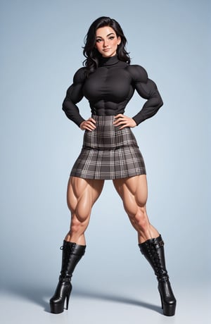 beautiful toned girl, perfect hourglass muscle body, longsleeve turtleneck sweater, plaid skirt, thigh high socks, platform ankle boots, busty, big hentai breasts, nice ass, missveins, vascular, thick dark veins, muscular arms, muscular legs, defined quadriceps, female muscle, dreamymuscle, low body fat percentage, beautiful face, smart black hair, freckles, rosy blushed cheeks, feminine pelvis, female anatomy, female bone structure, perfect eyes, soft pristine skin, cheek dimples, standing stoically, hands on hips, superior, elegance, erotic scene