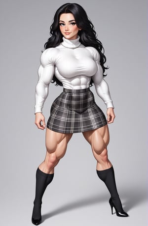 beautiful toned woman, perfect hourglass muscle body, longsleeve turtleneck sweater, plaid skirt, thigh high socks, stiletto high heels, busty, big hentai breasts, nice ass, female muscle, dreamymuscle, beautiful face, long black hair, missveins, vascular, thick dark veins, toned muscular arms, thick muscular legs with big quadriceps, low body fat percentage, freckles, rosy blushed cheeks, feminine pelvis, female anatomy, female bone structure, perfect eyes, cheek dimples, stoic feminine posture, superior, elegance, erotic scene,