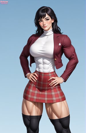 beautiful toned woman, perfect hourglass muscle body, longsleeve open blazer, turtleneck sweater, plaid skirt, thigh high socks, busty, big hentai breasts, nice ass, female muscle, dreamymuscle, beautiful face, longe black hair with fringe, missveins, vascular, thick dark veins, toned muscular arms, thick muscular legs with big quadriceps, low body fat percentage, freckles, rosy blushed cheeks, feminine pelvis, female anatomy, female bone structure, perfect eyes, soft pristine skin, cheek dimples, standing stoically, hands on hips, superior, elegance, erotic scene