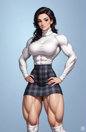 beautiful toned woman, perfect hourglass muscle body, longsleeve turtleneck sweater, plaid skirt, thigh high socks, busty, big hentai breasts, nice ass, missveins, vascular, thick dark veins, muscular arms, muscular legs, defined quadriceps, veiny quadriceps , quadricep veins, female muscle, dreamymuscle, low body fat percentage, beautiful face, smart black hair, freckles, rosy blushed cheeks, feminine pelvis, female anatomy, female bone structure, perfect eyes, soft pristine skin, cheek dimples, standing stoically, hands on hips, superior, elegance, erotic scene