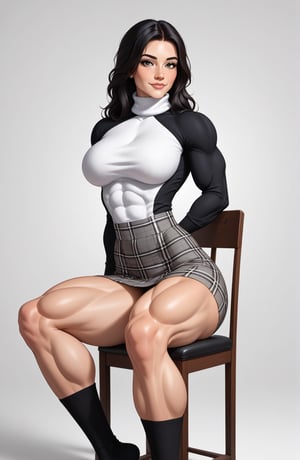 beautiful toned girl, perfect hourglass muscle body, longsleeve turtleneck sweater, plaid skirt, thigh high socks, busty, big hentai breasts, nice ass, missveins, vascular, thick dark veins, muscular arms, muscular legs, female muscle, dreamymuscle, low body fat percentage, beautiful face, smart black hair, freckles, rosy blushed cheeks, feminine pelvis, female anatomy, female bone structure, perfect eyes, soft pristine skin, cheek dimples, sitting on a chair, superior, elegance, erotic scene