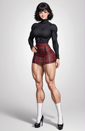 beautiful toned mature woman, perfect hourglass muscle body, longsleeve turtleneck sweater, plaid skirt, thigh high socks, stiletto high heels, busty, big hentai breasts, nice ass, female muscle, dreamymuscle, beautiful face, black hair with bangs, missveins, vascular, thick dark veins, toned muscular arms, thick muscular legs with big quadriceps, low body fat percentage, freckles, rosy blushed cheeks, feminine pelvis, female anatomy, female bone structure, perfect eyes, cheek dimples, front view, stoic feminine posture, looking at the camera, smug expression, superior, elegance, erotic scene,