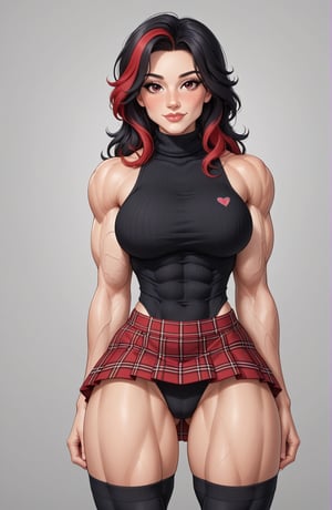 beautiful toned girl, perfect hourglass muscle body, sleeveless turtleneck sweater, plaid skirt, thigh high socks, busty, big hentai breasts, nice ass, missveins, vascular, thick dark veins, muscular arms, muscular legs, female muscle, dreamymuscle, low body fat percentage, beautiful face, black hair with red highlights, freckles, rosy blushed cheeks, feminine pelvis, female anatomy, female bone structure, perfect eyes, soft pristine skin, cheek dimples, superior, elegance, erotic scene