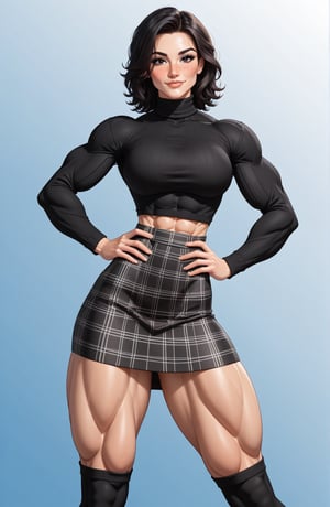 beautiful toned girl, perfect hourglass muscle body, longsleeve turtleneck sweater, plaid skirt, thigh high socks, busty, big hentai breasts, nice ass, missveins, vascular, thick dark veins, muscular arms, muscular legs, female muscle, dreamymuscle, low body fat percentage, beautiful face, smart black hair, freckles, rosy blushed cheeks, feminine pelvis, female anatomy, female bone structure, perfect eyes, soft pristine skin, cheek dimples, standing stoically, hands on hips, superior, elegance, erotic scene