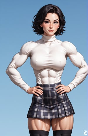 beautiful toned woman, perfect hourglass muscle body, longsleeve turtleneck sweater, plaid skirt, thigh high socks, busty, big hentai breasts, nice ass, missveins, vascular, thick dark veins, toned muscular arms, beefy muscular legs, defined veiny quadriceps, female muscle, dreamymuscle, low body fat percentage, beautiful face, smart black hair, freckles, rosy blushed cheeks, feminine pelvis, female anatomy, female bone structure, perfect eyes, soft pristine skin, cheek dimples, standing stoically, hands on hips, superior, elegance, erotic scene