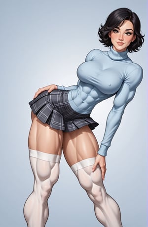 beautiful toned girl, perfect hourglass muscle body, longsleeve turtleneck sweater, plaid skirt, thigh high socks, busty, big hentai breasts, nice ass, missveins, vascular, thick dark veins, muscular arms, muscular legs, female muscle, dreamymuscle, low body fat percentage, beautiful face, smart black hair, freckles, rosy blushed cheeks, feminine pelvis, female anatomy, female bone structure, perfect eyes, soft pristine skin, cheek dimples, superior, elegance, erotic scene