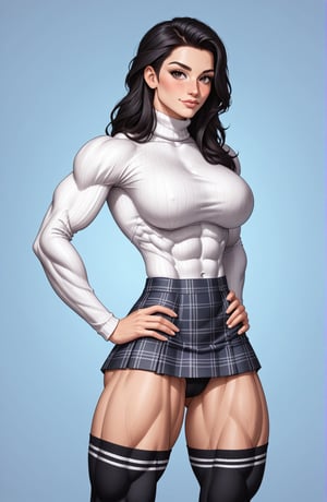 beautiful toned girl, perfect hourglass muscle body, longsleeve turtleneck sweater, plaid skirt, thigh high socks, busty, big hentai breasts, nice ass, missveins, vascular, thick dark veins, muscular arms, muscular legs, defined quadriceps, female muscle, dreamymuscle, low body fat percentage, beautiful face, smart black hair, freckles, rosy blushed cheeks, feminine pelvis, female anatomy, female bone structure, perfect eyes, soft pristine skin, cheek dimples, standing stoically, hands on hips, superior, elegance, erotic scene