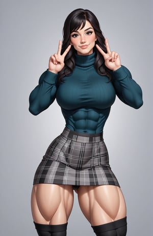 beautiful toned woman, perfect hourglass muscle body, longsleeve turtleneck sweater, plaid skirt, thigh high socks, busty, big hentai breasts, nice ass, female muscle, dreamymuscle, beautiful face, long black hair, missveins, vascular, thick dark veins, toned muscular arms, thick muscular legs with big quadriceps, low body fat percentage, freckles, rosy blushed cheeks, feminine pelvis, female anatomy, female bone structure, perfect eyes, soft pristine skin, cheek dimples, standing stoically, double peace sign, superior, elegance, erotic scene