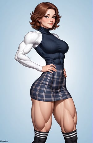 beautiful toned woman, perfect hourglass muscle body, longsleeve turtleneck sweater, plaid skirt, thigh high socks, busty, big hentai breasts, nice ass, missveins, vascular, thick dark veins, toned muscular arms, thick muscular legs with big quadriceps, female muscle, dreamymuscle, low body fat percentage, beautiful face, smart black hair, freckles, rosy blushed cheeks, feminine pelvis, female anatomy, female bone structure, perfect eyes, soft pristine skin, cheek dimples, standing stoically, hands on hips, superior, elegance, erotic scene