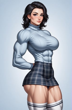 beautiful toned girl, perfect hourglass muscle body, longsleeve turtleneck sweater, plaid skirt, thigh high socks, busty, big hentai breasts, nice ass, missveins, vascular, thick dark veins, muscular arms, muscular legs, defined quadriceps, female muscle, dreamymuscle, low body fat percentage, beautiful face, smart black hair, freckles, rosy blushed cheeks, feminine pelvis, female anatomy, female bone structure, perfect eyes, soft pristine skin, cheek dimples, superior, elegance, erotic scene