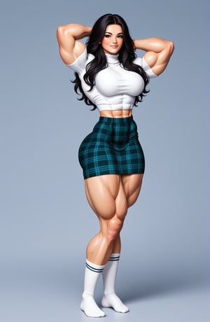 beautiful toned woman, perfect hourglass muscle body, longsleeve turtleneck sweater, plaid skirt, thigh high socks, busty, big hentai breasts, nice ass, female muscle, dreamymuscle, beautiful face, long black hair, missveins, vascular, thick dark veins, toned muscular arms, thick muscular legs with big quadriceps, low body fat percentage, freckles, rosy blushed cheeks, feminine pelvis, female anatomy, female bone structure, perfect eyes, cheek dimples, stoic feminine posture, superior, elegance, erotic scene,