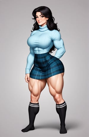 beautiful toned woman, perfect hourglass muscle body, longsleeve turtleneck sweater, plaid skirt, thigh high socks, busty, big hentai breasts, nice ass, female muscle, dreamymuscle, beautiful face, long black hair, missveins, vascular, thick dark veins, toned muscular arms, thick muscular legs with big quadriceps, low body fat percentage, freckles, rosy blushed cheeks, feminine pelvis, female anatomy, female bone structure, perfect eyes, cheek dimples, stoic feminine posture, superior, elegance, erotic scene,