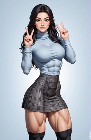 beautiful toned woman, perfect hourglass muscle body, longsleeve turtleneck sweater, plaid skirt, thigh high socks, busty, big hentai breasts, nice ass, female muscle, dreamymuscle, beautiful face, long black hair, missveins, vascular, thick dark veins, toned muscular arms, thick muscular legs with big quadriceps, low body fat percentage, freckles, rosy blushed cheeks, feminine pelvis, female anatomy, female bone structure, perfect eyes, soft pristine skin, cheek dimples, standing stoically, double peace sign, superior, elegance, erotic scene