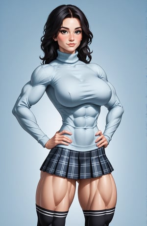 beautiful toned girl, perfect hourglass muscle body, longsleeve turtleneck sweater, plaid skirt, thigh high socks, busty, big hentai breasts, nice ass, missveins, vascular, thick dark veins, muscular arms, muscular legs, defined quadriceps, veiny quadriceps, quadricep veins, female muscle, dreamymuscle, low body fat percentage, beautiful face, smart black hair, freckles, rosy blushed cheeks, feminine pelvis, female anatomy, female bone structure, perfect eyes, soft pristine skin, cheek dimples, standing stoically, hands on hips, superior, elegance, erotic scene