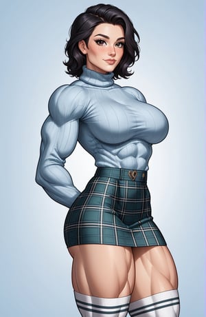 beautiful toned girl, perfect hourglass muscle body, longsleeve turtleneck sweater, plaid skirt, thigh high socks, busty, big hentai breasts, nice ass, missveins, vascular, thick dark veins, muscular arms, muscular legs, female muscle, dreamymuscle, low body fat percentage, beautiful face, smart black hair, freckles, rosy blushed cheeks, feminine pelvis, female anatomy, female bone structure, perfect eyes, soft pristine skin, cheek dimples, superior, elegance, erotic scene