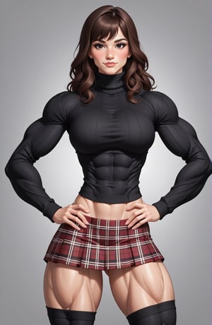 beautiful toned woman, perfect hourglass muscle body, longsleeve turtleneck sweater, plaid skirt, thigh high socks, busty, big hentai breasts, nice ass, female muscle, dreamymuscle, beautiful face, black fringe hair, missveins, vascular, thick dark veins, toned muscular arms, thick muscular legs with big quadriceps, low body fat percentage, freckles, rosy blushed cheeks, feminine pelvis, female anatomy, female bone structure, perfect eyes, soft pristine skin, cheek dimples, standing stoically, hands on hips, superior, elegance, erotic scene