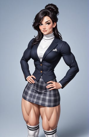 beautiful toned woman, perfect hourglass muscle body, longsleeve open blazer, turtleneck sweater, plaid skirt, thigh high socks, busty, big hentai breasts, nice ass, female muscle, dreamymuscle, beautiful face, long black hair, missveins, vascular, thick dark veins, toned muscular arms, thick muscular legs with big quadriceps, low body fat percentage, freckles, rosy blushed cheeks, feminine pelvis, female anatomy, female bone structure, perfect eyes, cheek dimples, stoic feminine posture, hands on hips, superior, elegance, erotic scene