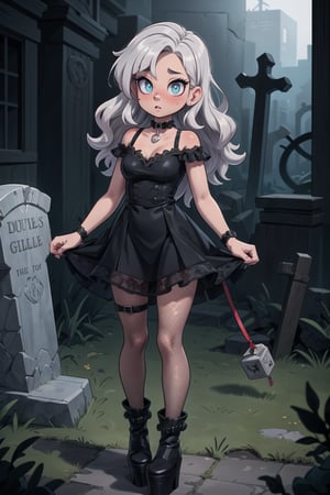 High resolution, extremely detailed, atmospheric scene, masterpiece, best quality, 64k, high quality, (HDR), HQ, hive-mind girl, eyes color silver, wavy hair, tan, Goth, Black lace dress, fishnet tights, platform boots, and choker necklace, leash, Desolate cursed well in the forgotten graveyard, Aerial view Close shot