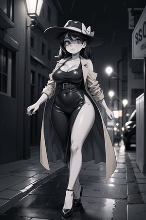 High resolution, extremely detailed, atmospheric scene, masterpiece, best quality, 64k, high quality, (HDR), HQ, a vaguely vintage illustration of a female private investigator walking down a city street at night while it rains, curvy, voluptuous, hourglass figure, longs legs, ((she is wearing with (a long black dress, side slit, a revealing luxurious dress), ((a long beige trenchcoat)), (a fedora hat), (a high heel shoes)), the overall vibe of the image is gloomy and reminiscent of film noir, black and white, greyscale, monochrome, OverallDetail,