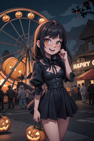 High resolution, extremely detailed, atmospheric scene, masterpiece, best quality, 64k, high quality, (HDR), HQ, perfecteyes,Amusement park,Ferris wheel,night, dark atmosphere, Halloween,dark,Halloween costumes,pumpkins, smiling jack, bats.