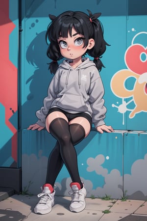 High resolution, extremely detailed, atmospheric scene, masterpiece, best quality, 64k, high quality, (HDR), HQ, 1girl, solo, grey eyes, black hair, low twintails, grey hoodie, oversized clothes, black thighhighs, sneakers, urban, graffiti,  waiting, crossed legs, leaning back,