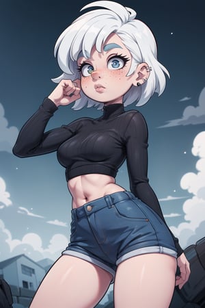 High resolution, extremely detailed, atmospheric scene, masterpiece, best quality, 64k, high quality, 1girl, two-toned hair, blue and white hair, wild short hair, freckles, lip ring, pale skin, eyeshadow, 