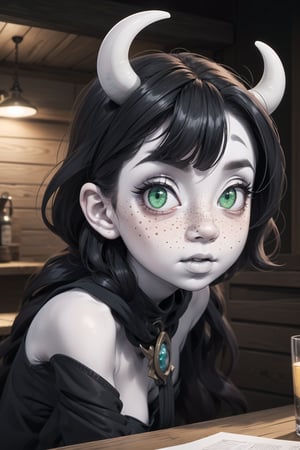 High resolution, extremely detailed, atmospheric scene, masterpiece, best quality, 64k, high quality, (HDR), HQ, 1girl, beautiful face, black hair with bangs, black demon horns, green eyes, (((pale white skin))), ((freckles)), perfect cute face, ornate sorceress clothes, POV pushed up against the wooden wall, flirting, fantasy tavern, dramatic lighting, D&D, dynamic, action,