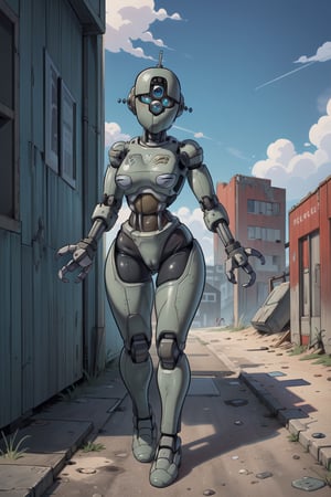 High resolution,extremely detailed,atmospheric scene, masterpiece, best quality, high resolution, 64k, high quality, Full body, SAM YANG, High resolution, extremely detailed, atmospheric scene, high resolution,  high quality), assaultron, 1girl, solo, looking at viewer, robot, humanoid robot, robot joints, one-eyed, joints, no humans, green skin, wide hips, curvy, mechanical arms, crotch plate, science fiction, post-apocalypse, outside, hi_resolution, high_res, fallout 4, apocalyptic city background, EnvyBeautyMix23.