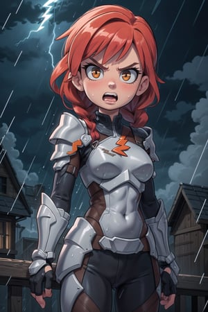 High resolution, extremely detailed, atmospheric scene, masterpiece, best quality, 64k, high quality, (HDR), HQ, 1girl, angry, scream, red hair, dirty skin, brown eyes, (one braid:1.2), headband, solo focus, armor, gauntlets, shoulder armor, fur trim, sword, sword on back, sheathed, (looking at viewer, facing viewer:1.4), (dark background:1.4), (lightning raining:1.3), face view, dutch angle, cowboy shot, 