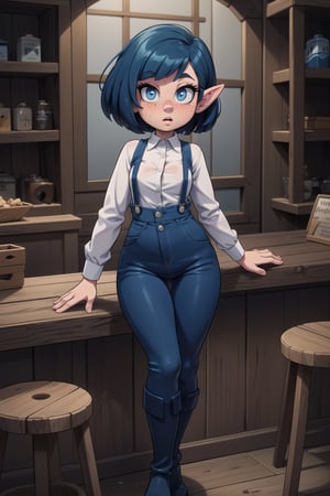  High resolution, extremely detailed, atmospheric scene, masterpiece, best quality, 64k, high quality, (HDR), HQ, solo, 1female, female, drow, elf, bue skin, dark blue hair, messy bob haircut, blue freckles, blue eyes, unbuttoned shirt, suspenders, tight pants, dress boots, in a tavern, fantasy