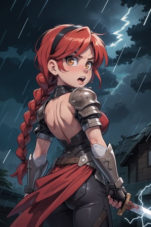 High resolution, extremely detailed, atmospheric scene, masterpiece, best quality, 64k, high quality, (HDR), HQ, 1girl, angry, scream, red hair, dirty skin, brown eyes, (one braid:1.2), headband, solo focus, armor, gauntlets, shoulder armor, fur trim, (sword, sword on back:1.3), sheathed, (looking at viewer, facing viewer:1.4), (dark background:1.4), (lightning raining:1.3), face view, dutch angle, cowboy shot, 