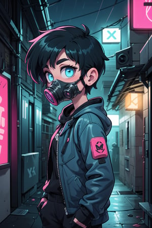 High resolution, extremely detailed, atmospheric scene, masterpiece, best quality, 64k, high quality, (HDR), HQ,  a scavenger exploring a neon-lit alleyway in a cyberpunk city, wearing a worn outfit and a gas mask, their eyes scanning for valuable scrap, Rain-slicked streets reflect the vibrant glow of holographic advertisements, Grunge aesthetic with cool blues and contrasting neon highlights, very stylish detailed modern haircut, mesmerizing detailed radiant face, mesmerizing detailed beautiful eyes, side portrait 3/4 height,