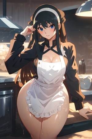 YOR FORGER naked in apron in the kitchen doing sexy pose while making sandwich, long hair. thick thigh
,anime