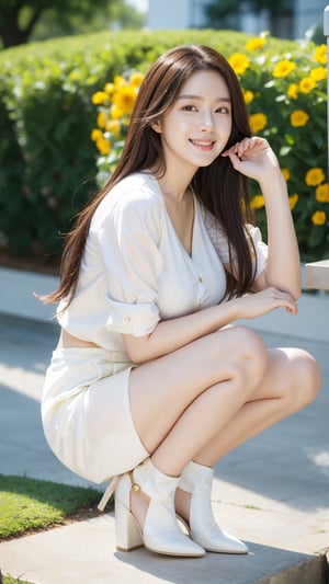 masterpiece, best quality, photorealistic, raw photo, 1girl, long hair, white shirt, short skirt, heels, light smile, detailed skin, pore, fullbody_view, low key, outdoor, detailed background, gigantic_breasts,(giga busty)