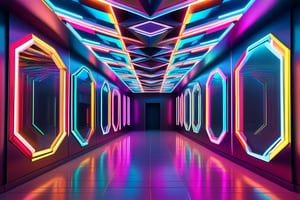 A mesmerizing 8K digital artwork depicting a sleek, modern interior corridor bathed in a kaleidoscope of vibrant colours, rendered with exceptional symmetry and hyper-detailed precision. The neon hues dance across the empty passageway, casting an otherworldly glow on the pristine walls, floor, and ceiling, inviting the viewer to step into this futuristic world.