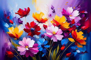 A breathtaking shot of Abstract Flowers Blooming in 8K resolution. The camera captures a mesmerizing close-up of the vibrant blooms, with radiant reds and stunning yellows taking center stage. Rich purples and fresh pink hues dance around the edges, while deep blues provide a subtle background depth. The flowers appear to be flourishing and thriving amidst a serene natural setting, evoking a sense of mastery in this abstract art piece.,oil paint