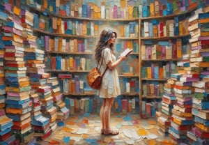 A medium-sized photorealistic painting of a woman standing in front of a stack of books. The woman is wearing a cream colored dress, with a brown bag draped over her left shoulder. Her long, dark hair is cascading down her back. She is having beautiful face with perfect symmetric eyes and facing the left side of the frame, and her left arm is bent at the elbow and reading the book. The book store she is standing in is stacked on top of each other, and the books are arranged in a way that creates a sense of depth and texture. The books are stacked in a variety of vibrant colors, including red, blue, green, yellow, orange, and purple. The wall behind the woman is made up of different colored books, adding a pop of color to the scene