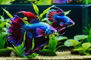 A stunning shot of a breeding-sized Purple, Blue, and Red Crowntail Betta multiple size fishes swimming amidst lushly planted aquatic foliage in an exquisite 8K-resolution fish tank. Soft, warm lighting illuminates the vibrant males, their crowns and long fins glistening with iridescent colors, set against a tranquil backdrop of rippling water and verdant greenery.,more detail XL