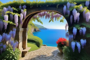 A serene scene unfolds beneath a wisteria-entwined archway, leading down to the shoreline within the Seaview Hideaway tapestry. A stone-covered path winds its way downwards, as if beckoning viewers towards the tranquil waters below. Earthy hues of burgundy, rose, and coral mingle with rich greenery, while the undulating blues of sea, sky, and distant horizons create a sense of depth and calm.