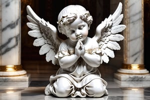 A majestic Renaissance-inspired white marble statue, rendered in exquisite detail, depicts a cute angel kneeling at prayer and facing the camera. The realistic digital artwork boasts a cinematic quality, with sharp focus on the subject's visage and a shallow depth of field that draws the viewer's attention. The award-winning masterpiece is a testament to the artist's professionalism, showcasing intricate details and a perfect composition that exudes power and sophistication.