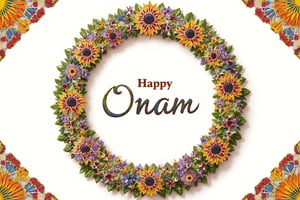 Captivating 'Happy Onam' background designed with a bohemian-inspired round floral wreath, where the flowers and foliage are arranged in an artistic, free-flowing style. Use a fusion of vibrant Kerala-inspired colors like saffron, emerald, and magenta, paired with natural textures like burlap and linen. The dynamic patterns of paisleys, leaves, and traditional rangoli motifs give the design a sophisticated, confident appeal. Focus on the natural beauty of flowers, balanced with geometric details that create an inviting, modern yet cultural look.