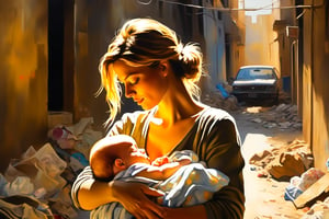In a dimly lit, rundown alleyway, an hopeless young mother holds her newborn son close, his tiny face scrunched up in adoration as he sleeps peacefully. Soft, golden light casts long shadows across their worn faces, illuminating the makeshift home reflected in the background amidst trash and debris. The child's small hands grasp the mother's earlobe, a tender gesture of trust.,oil paint