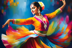 Vibrant Kathak dancer poses majestically, arms outstretched and hands swirling in rhythmic abandon, as dynamic acrylic brushstrokes dance across her intricately adorned traditional attire. Her striking face, with perfectly symmetrical eyes and proper hands with five fingers, is aglow with the passion of the music. A kaleidoscope of colors bursts forth from the canvas, a celebration of cultural diversity and artistic expression. The sharp focus draws attention to the dancer's energetic pose, set against a deep, richly textured background. This digital masterpiece shines with an award-winning glow, sharp focus, dept of field.