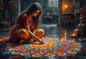 A painting of a beautiful Indian woman sitting on a black marble floor, a photorealistic painting, woman drawing vibrant rangoli on the floor, skinny girl in Indian traditional saree contrasting to the vibrant rangoli. Beautiful face with perfect symmetric eyes focusing on the drawing, dramatic light effect on the woman face, dynamic background. Astonishing masterpiece, best quality, extremely detailed, 8k resolution, unreal engine.